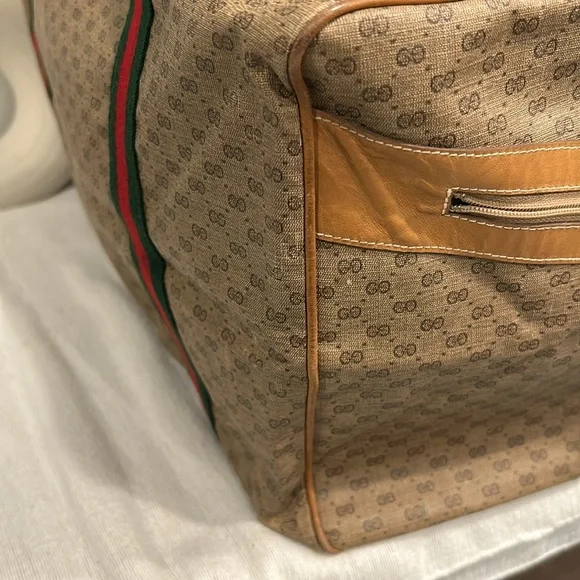 Gucci Duffle Bag GG Logo Canvas Brown Leather Trim Folding Travel Carry On - Picture 6 of 13